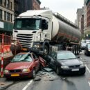Автоцистерна столкнулась с двумя автомобилями и пробила ограждение стройки в Воронеже